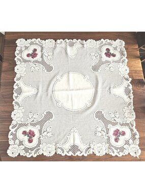 Crochet Lace Table Topper Ivory Rose Pattern Cotton Blend Square Cottagecore